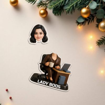 Personalized Lady Boss Bobbleead Caricature for Office Desk, Custom Photo Gift for Female Professionals, Colleagues & Womens Day Battery Powered Moving Head